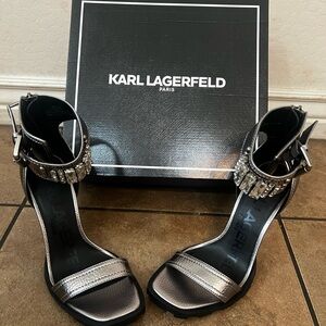NIB Karl Lagerfeld Paris Malek Embellished Ankle Heel Shoes 8.5 Pewter